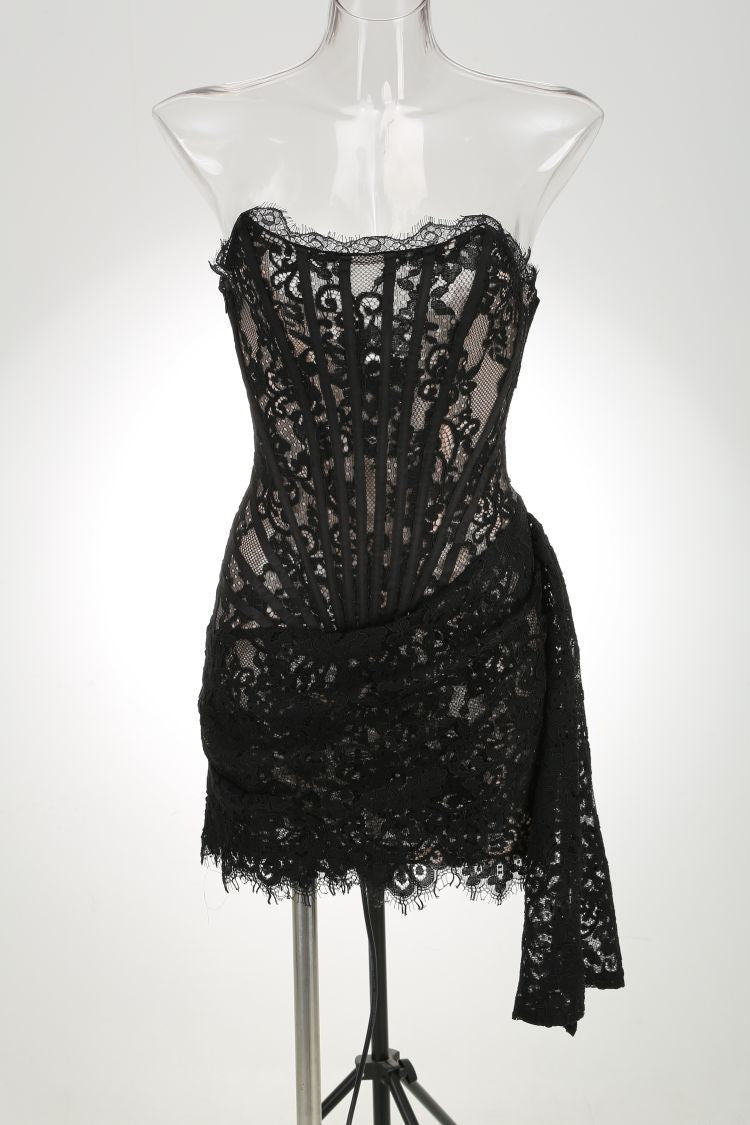 Strapless Lace Corset Mini Dress with Side Drape