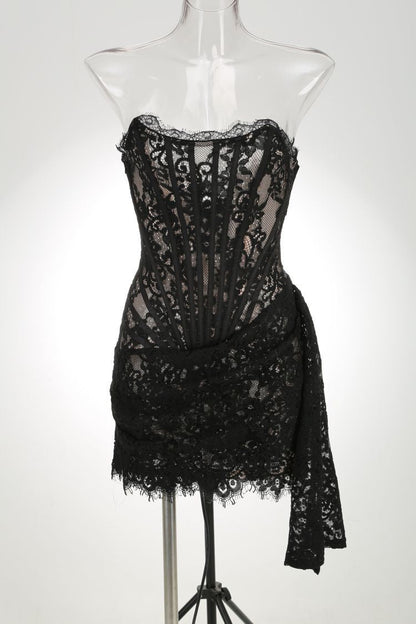 Strapless Lace Corset Mini Dress with Side Drape