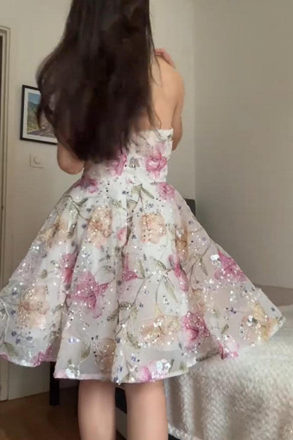 Strapless Floral Sequin Fit and Flare Party Dress