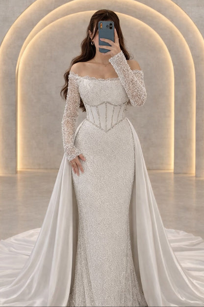 Beaded Off-Shoulder Corset Evening Gown