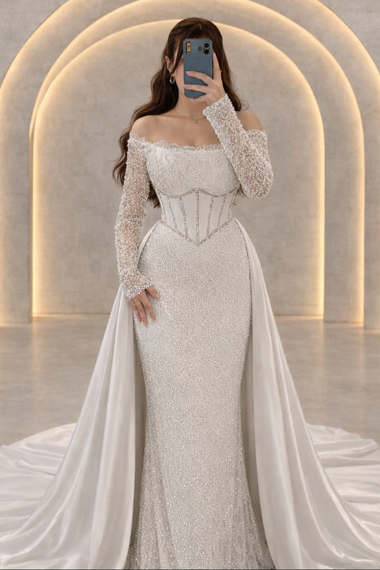 Beaded Off-Shoulder Corset Evening Gown
