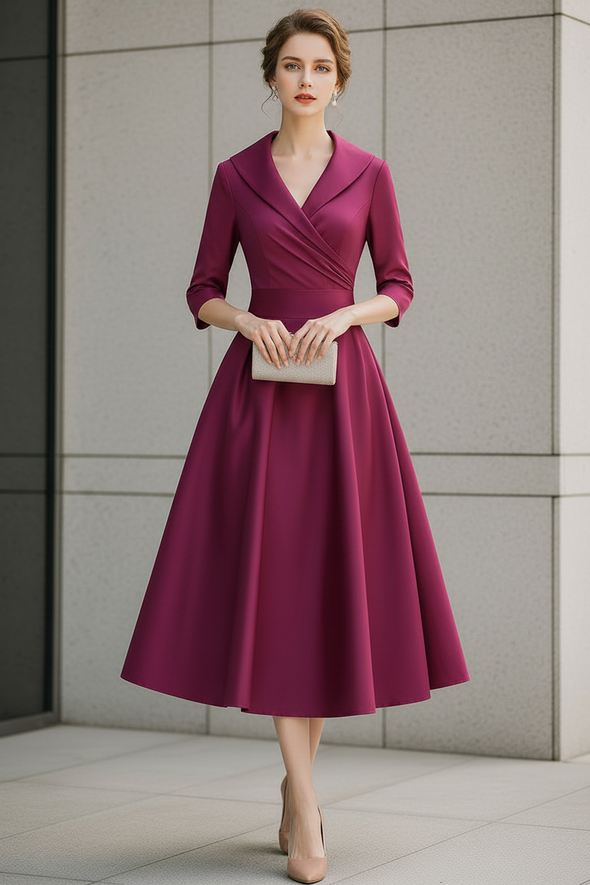 V-Neck Wrap Bodice A-Line Midi Dress with Pockets