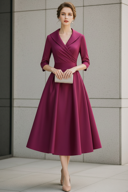 V-Neck Wrap Bodice A-Line Midi Dress with Pockets