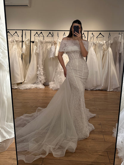 Off-the-Shoulder Pearl Beaded Mermaid Wedding Gown