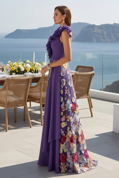 One-Shoulder 3D Floral Embroidered Gown