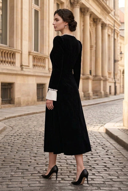Velvet Midi Dress with Pearl Trim & Cuffs