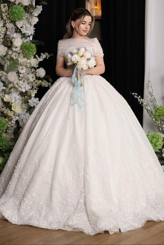 Off-the-Shoulder Illusion Lace Ball Gown Wedding Dress