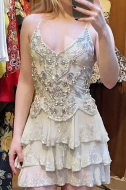 Beaded Tiered Ruffled Mini Dress with Open Back