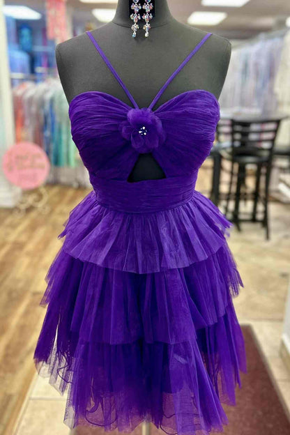 Tiered Tulle Halter Mini Dress with Cut-Out