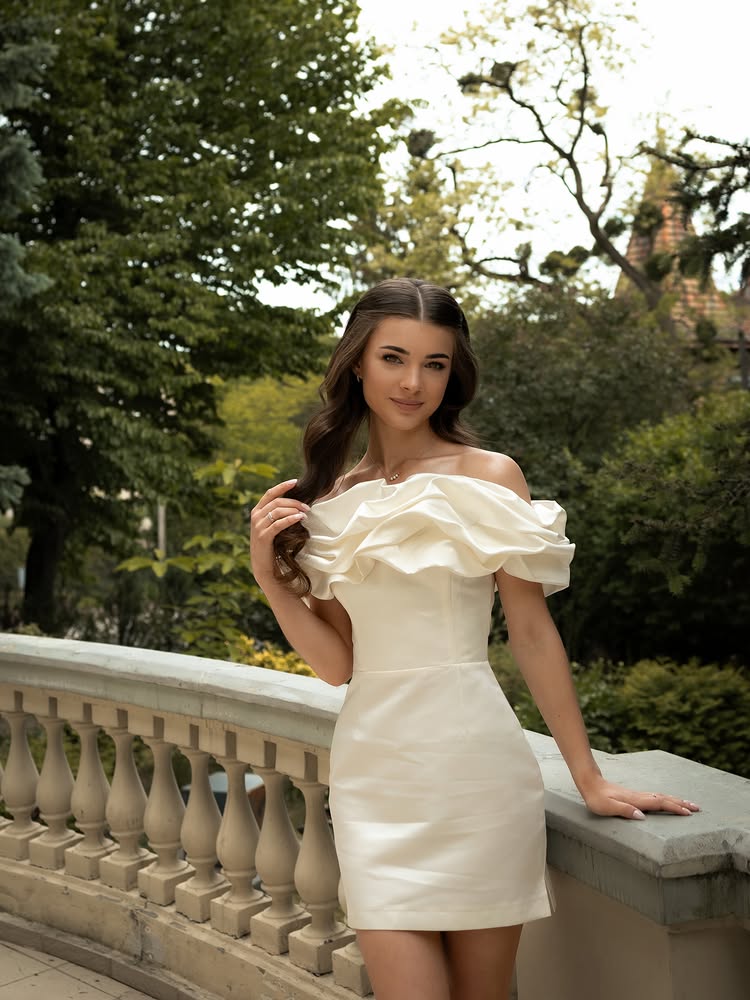 Off-the-Shoulder Ruffled Satin Mini Dress