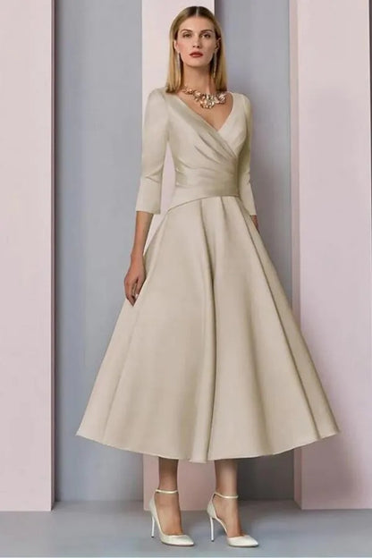 Pleated V-Neck 3/4 Sleeve Tea-Length A-Line Dress