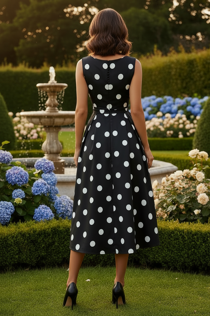 Sleeveless Polka Dot Pleated Midi Dress