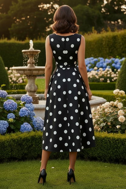 Sleeveless Polka Dot Pleated Midi Dress