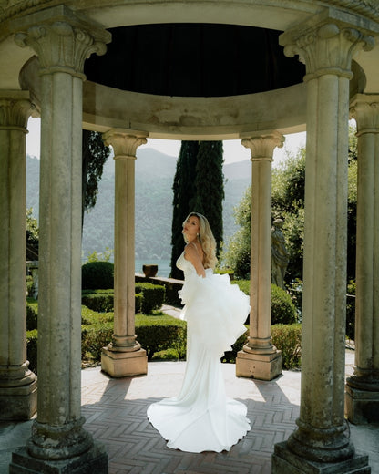 Spaghetti Strap Satin Gown with Ruffle Accent