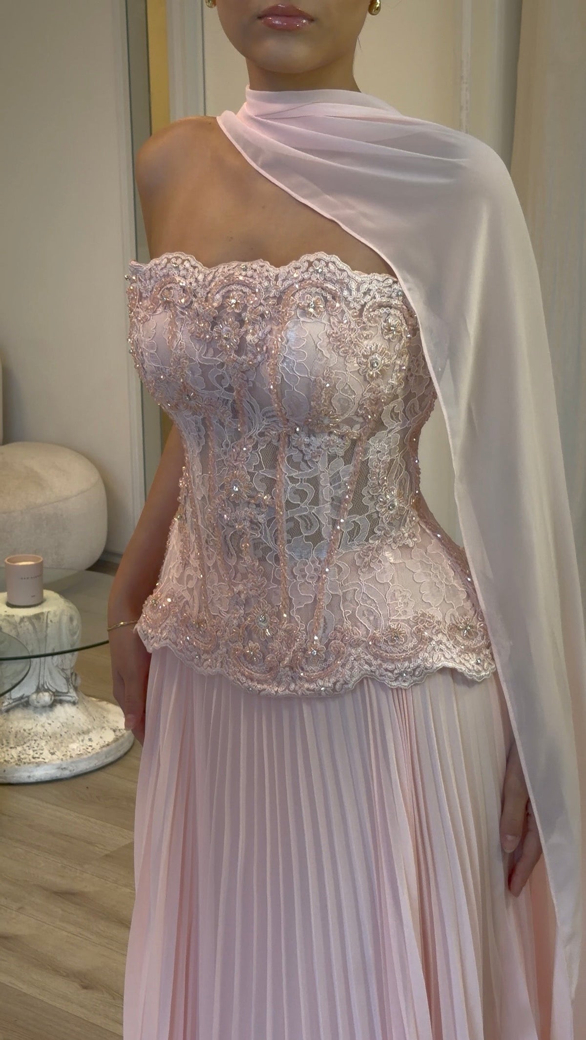 Corset Lace Evening Gown with Pleated Skirt