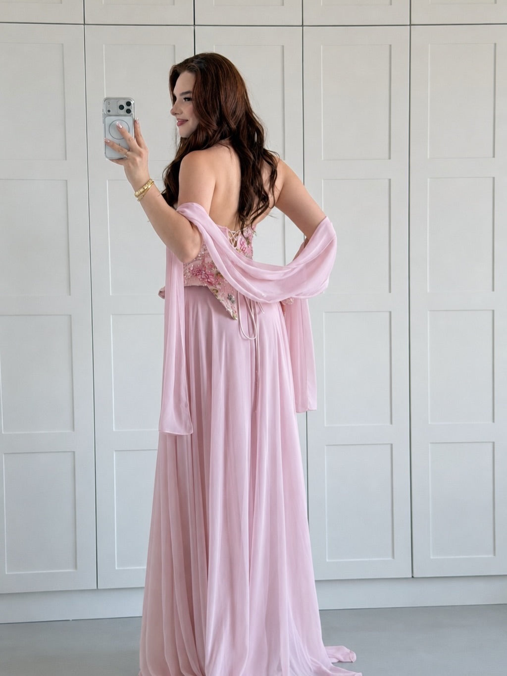 Floral Corset Evening Gown with Matching Shawl