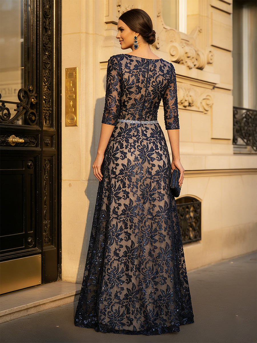 3/4 Sleeve A-Line Lace Evening Gown with Beaded Belt