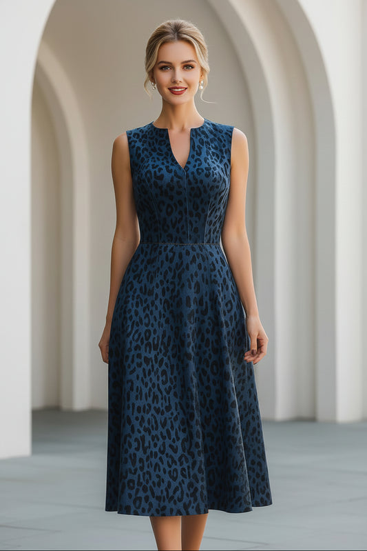 Leopard Print Sleeveless V-Neck A-Line Midi Dress