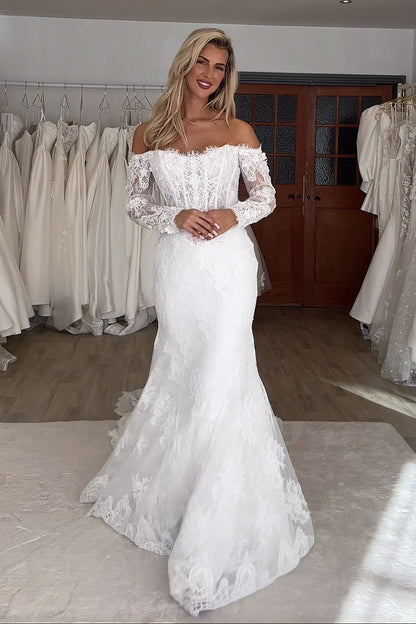 Lace Mermaid Wedding Dress with Off-Shoulder Long Sleeves