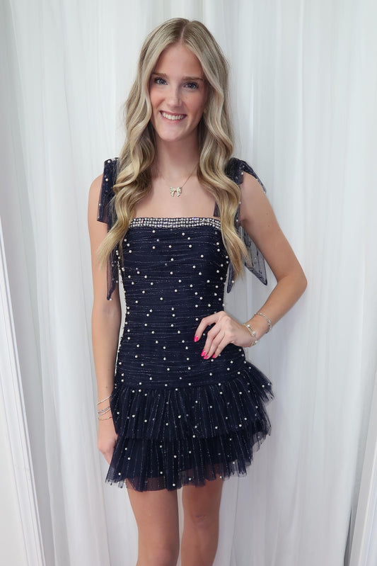 Tiered Tulle Mini Dress with Pearls and Bow Straps