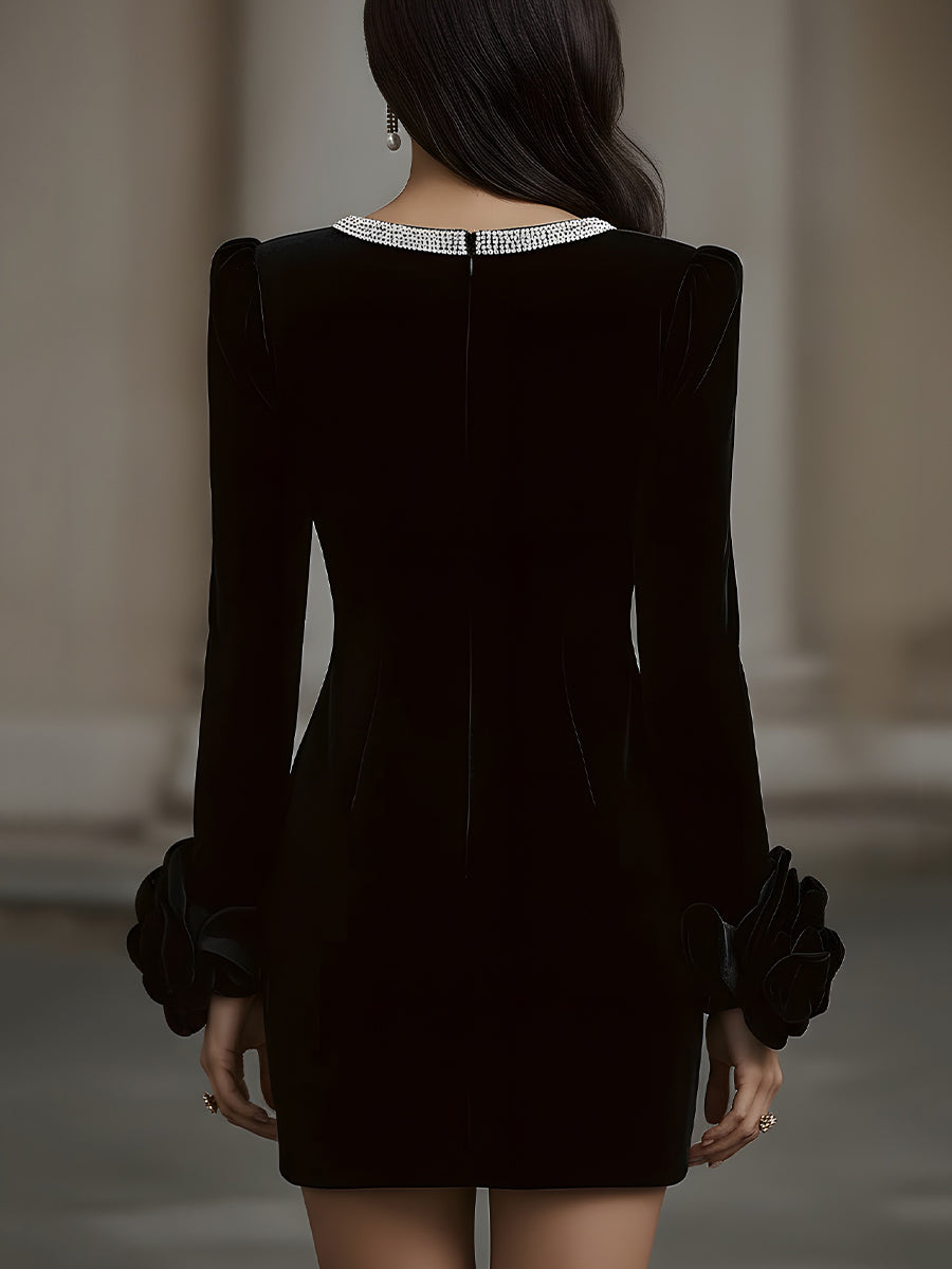 Velvet Mini Dress with Floral Cuffs and Beaded Neckline
