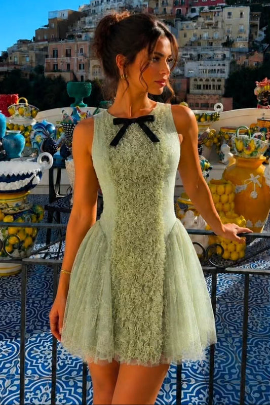 Lace and Tulle Ruffled Mini Dress with Bow