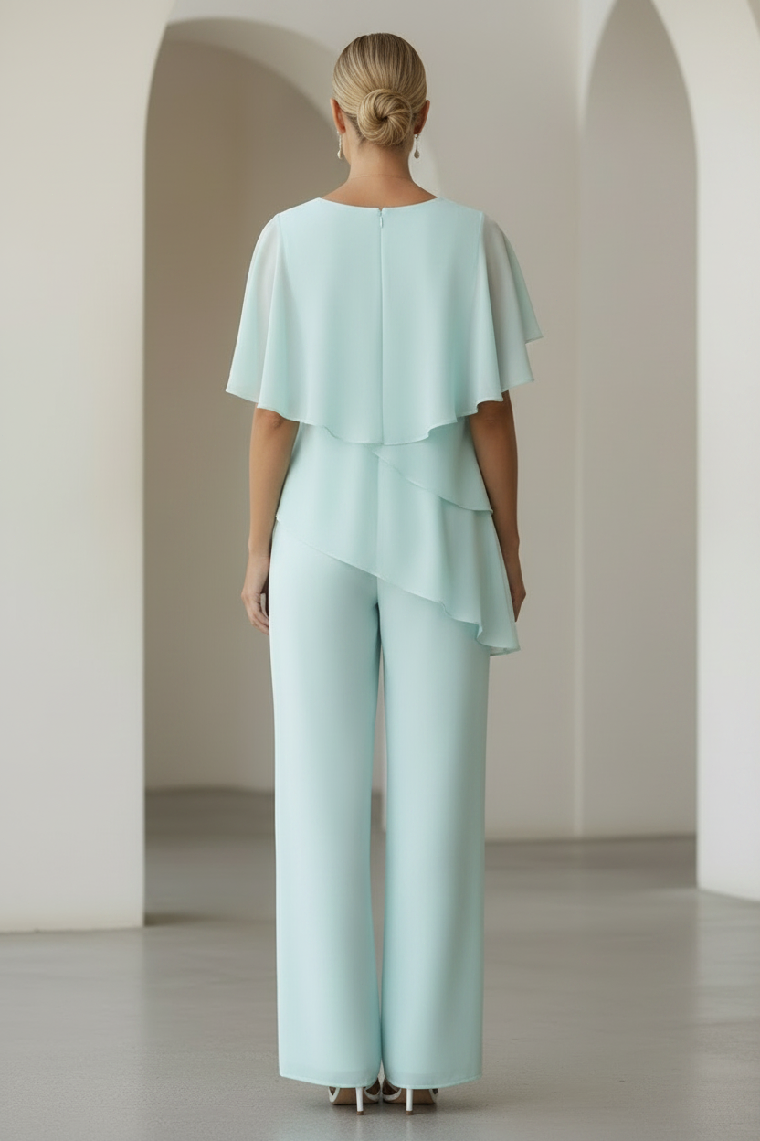Asymmetrical Tiered Chiffon Pantsuit with Flutter Sleeves