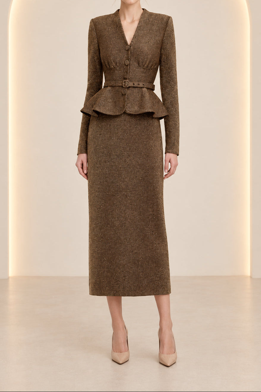 Peplum Jacket and Column Midi Skirt Two-Piece Set