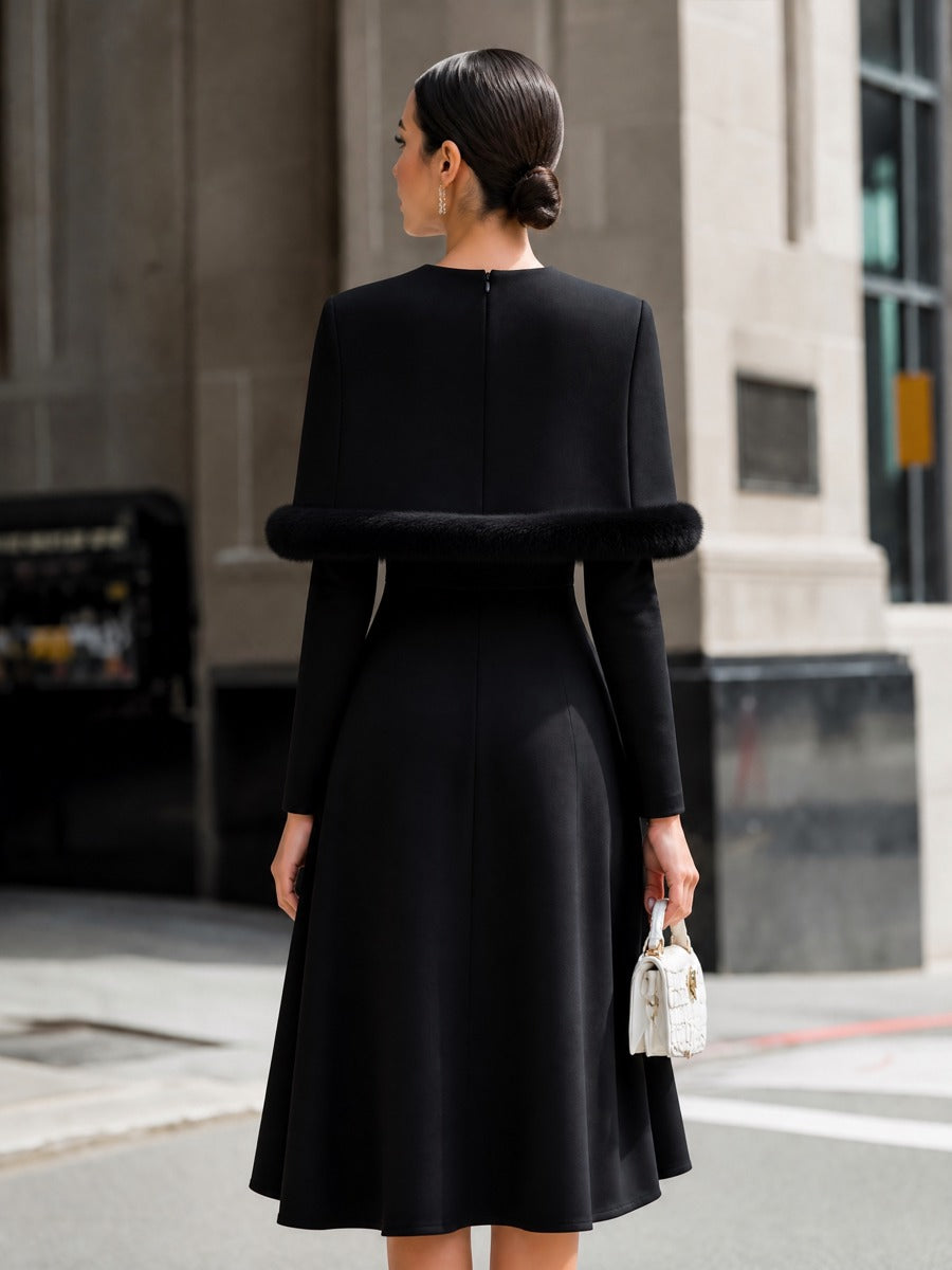 Fur-Trim Cape Long Sleeve Midi Dress
