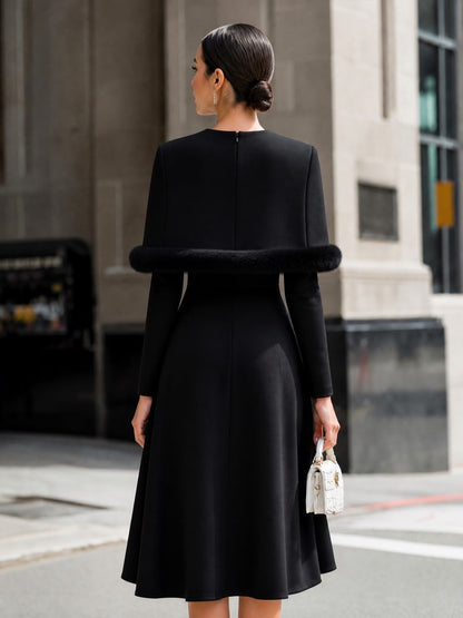 Fur-Trim Cape Long Sleeve Midi Dress