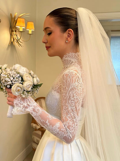 High-Neck Lace and Satin Ball Gown Wedding Dress