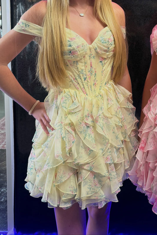 Off-The-Shoulder Tiered Floral Ruffle Mini Dress