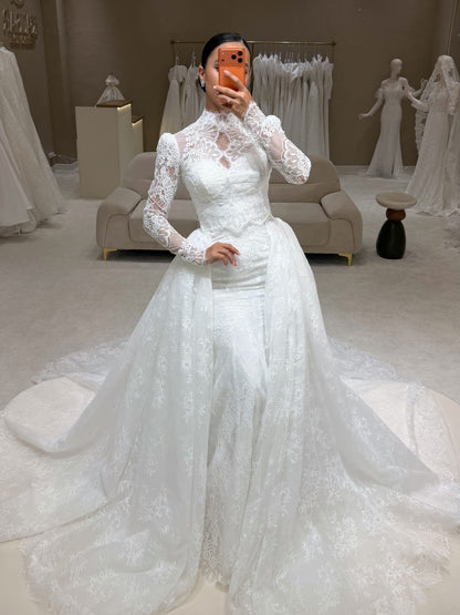 Lace High Neck Mermaid Wedding Dress with Overskirt