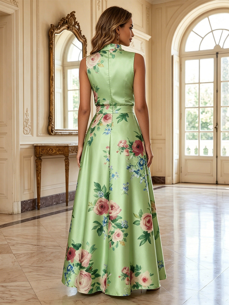 Floral Print High Neck Satin Maxi Dress