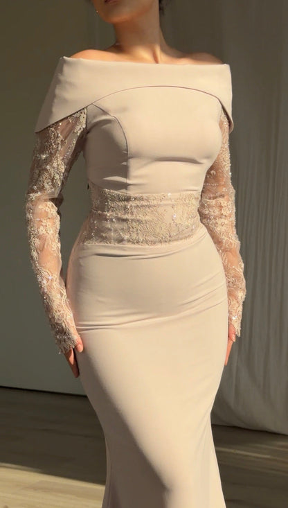 Off-Shoulder Mermaid Gown with Lace Sleeves