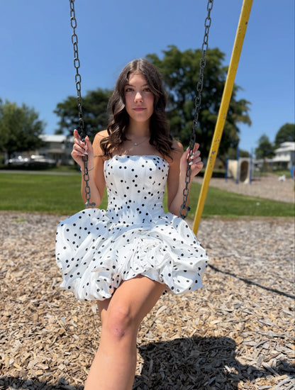 Strapless Polka Dot Mini Dress with Bubble Hem