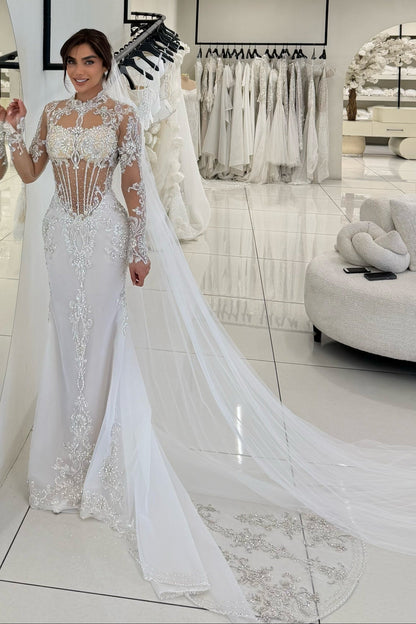 Beaded Corset Long Sleeve Illusion Wedding Dress