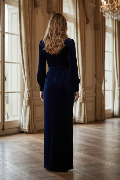 Collared Velvet Maxi Dress with Belt