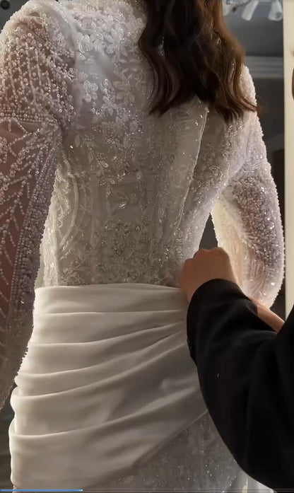 High Neck Long Sleeve Lace Mermaid Wedding Dress