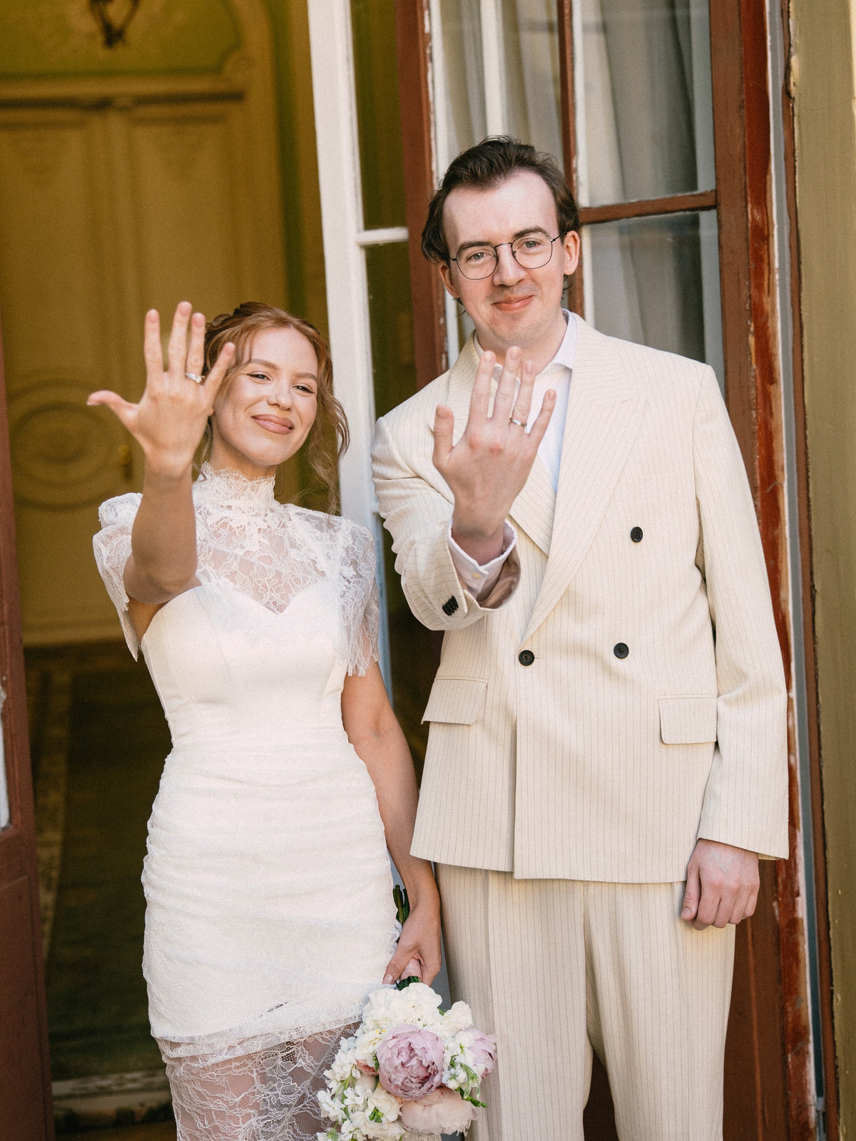 High-Neck Lace Sheath Wedding Dress with Sheer Skirt