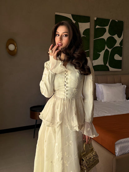 Embroidered Peplum Maxi Dress with Flared Sleeves