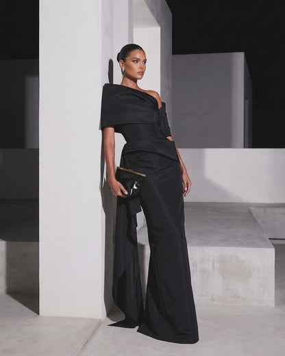 One-Shoulder Sculptural Draped Evening Gown