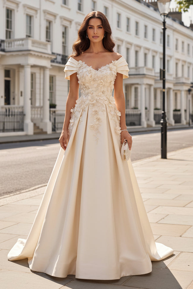 Off Shoulder Floral Applique A-Line Wedding Gown