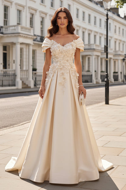 Off Shoulder Floral Applique A-Line Wedding Gown
