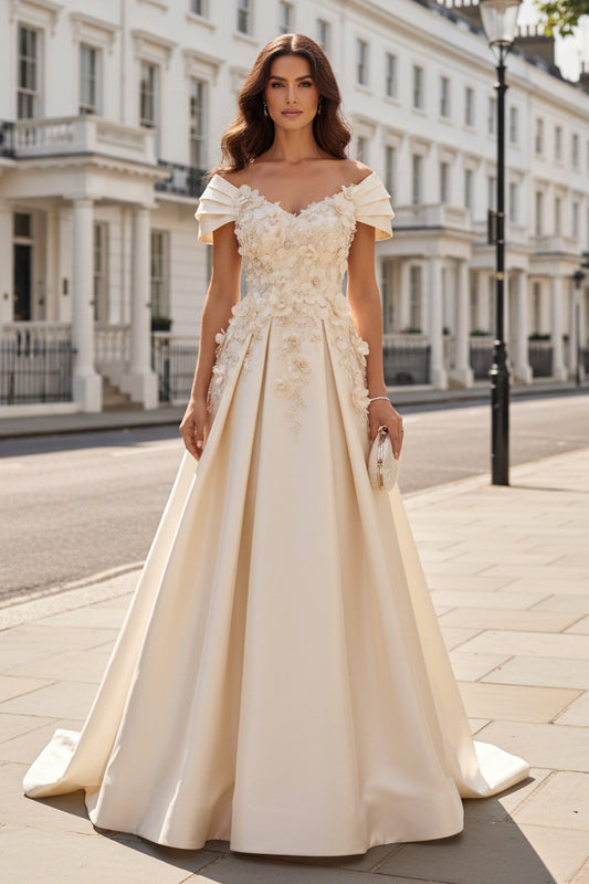 Off Shoulder Floral Applique A-Line Wedding Gown