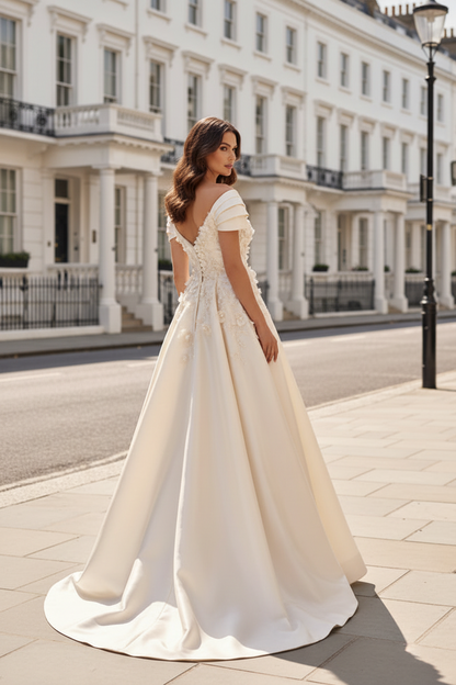 Off Shoulder Floral Applique A-Line Wedding Gown