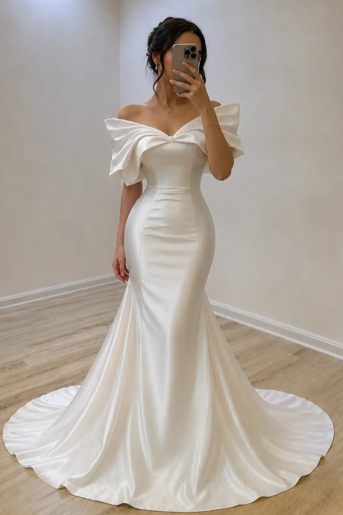 Off-the-Shoulder Draped Satin Mermaid Wedding Dress