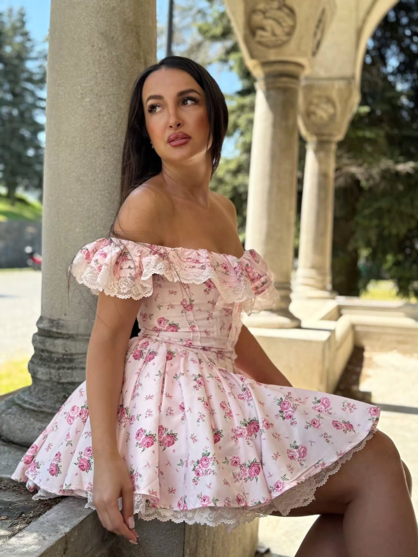 Off-the-Shoulder Floral Ruffle Mini Dress