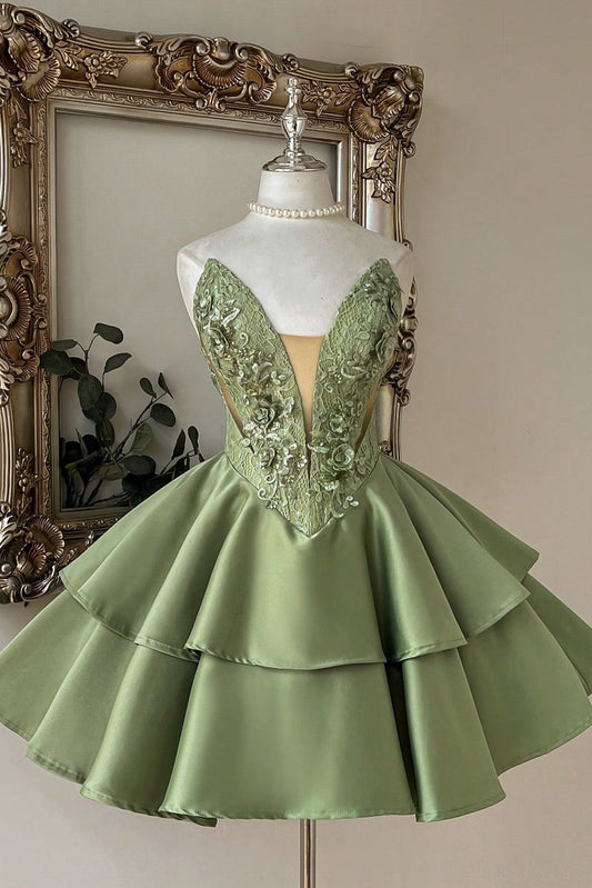 Lace Applique Tiered Satin A-Line Cocktail Dress