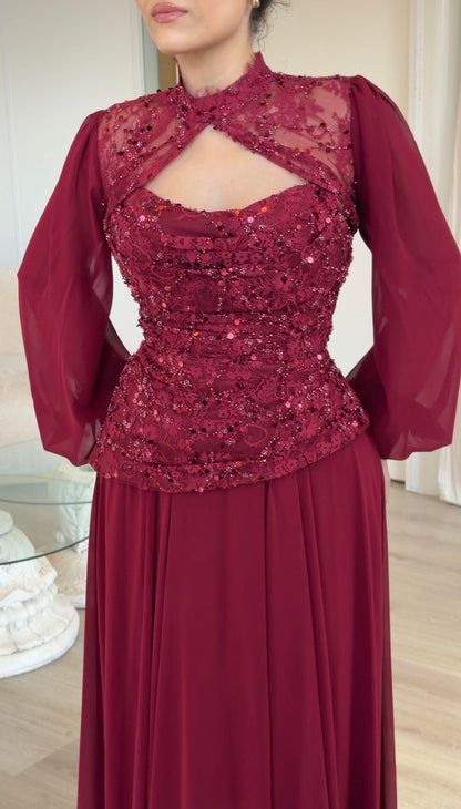 High Neck Cut-Out Gown with Sequin Bodice